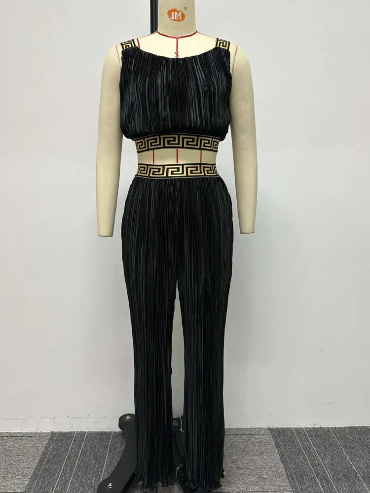 Bonnie Forest Elegant Sleeveless Printed Rcuhed Crop Top And Palazzo Pants Set Chic Tracksuit Female Clubwear Night Club Outfits black
