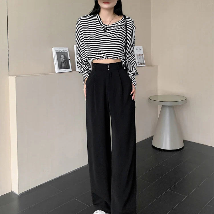 Seoulish High Waist New Suit Wide Leg Women‘s Full Pants Spring Summer Female Elegant Minimalism Straight Loose Trousers Black(shorter) XL