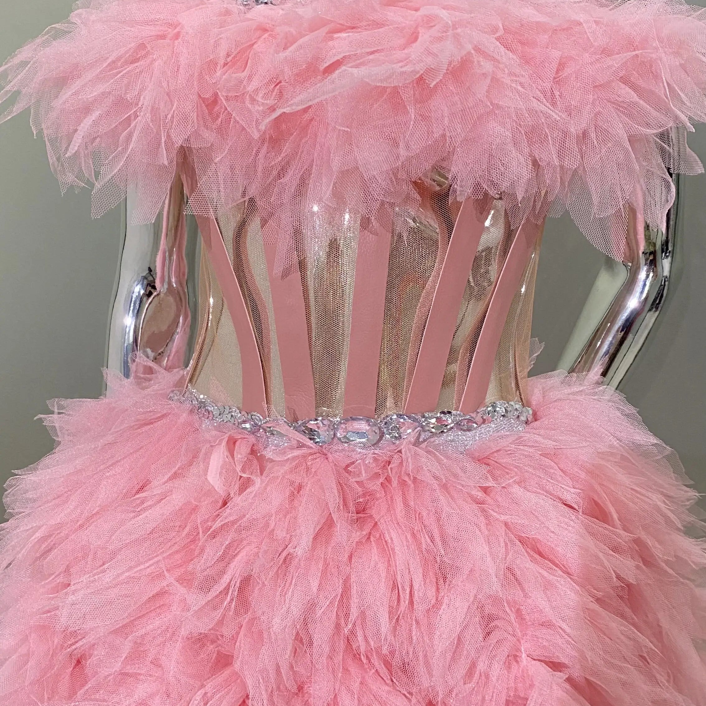 Pink Sweet Woman Set Sparkling Crystal Strapless Top And Mini Puffy Skirt 2 Pieces Birthday Party Vestido Performance Costume