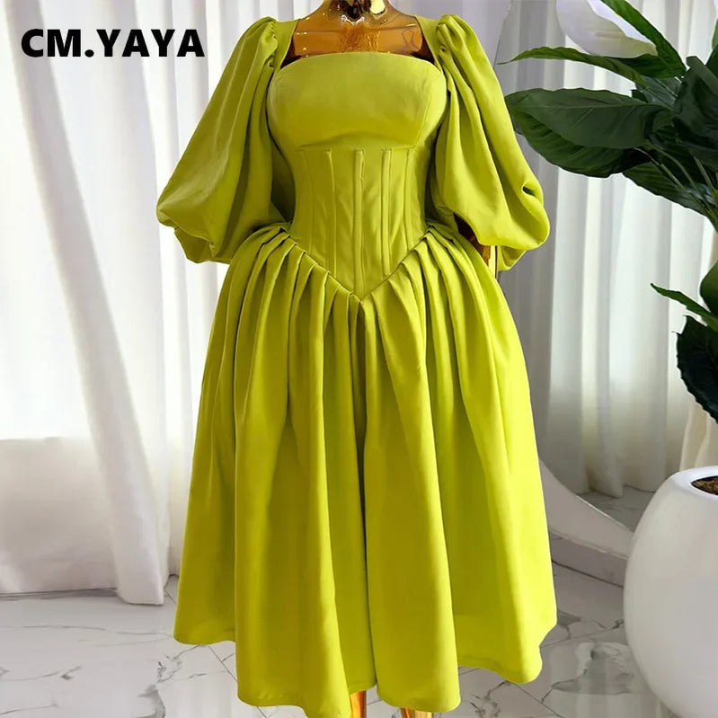 CM.YAYA Women Long Lantern Sleeve Square Collar Big Swing Long Maxi Dress 2024 Fall Birthday Sexy Party Evening Dresses Vestidos
