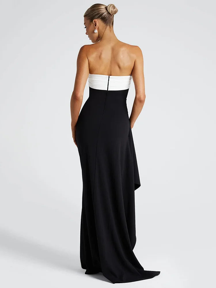 Off-shoulder Strapless Sexy Maxi Dress For Women Contrast Color Patchwork Sleeveless Backless Thigh High Split Dress