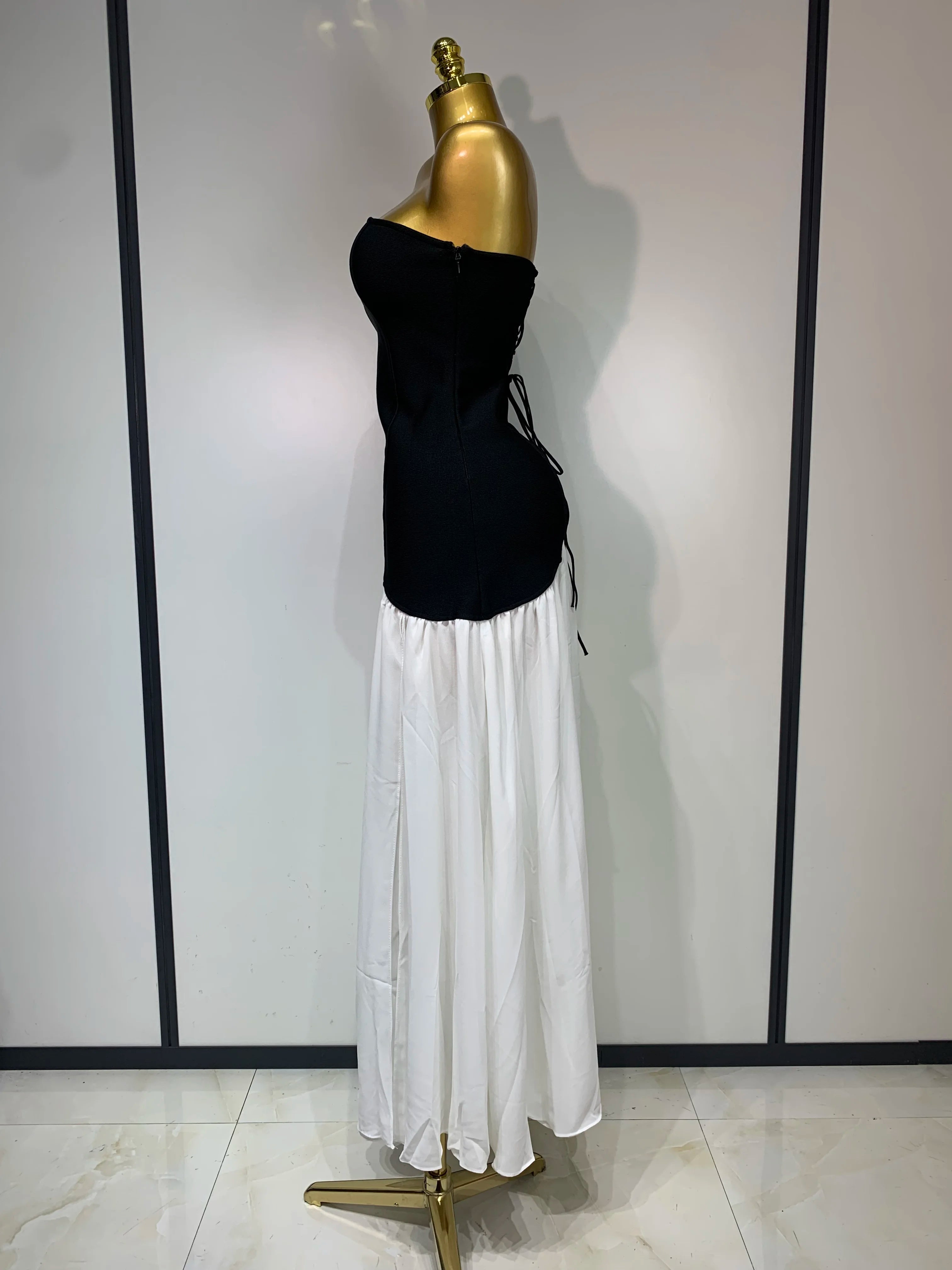 Vestido longo sexy sem alças, patchwork, longo, colado ao corpo, bandagem, 2025, celebridade, elegante, festa noturna, vestido de aniversário de luxo