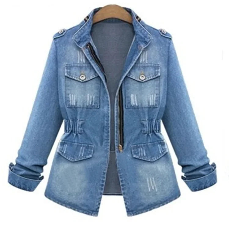 Christmas Europe and The United States Ladies Denim Jacket Skinny Denim Jacket Women Winter Clothes Female blue