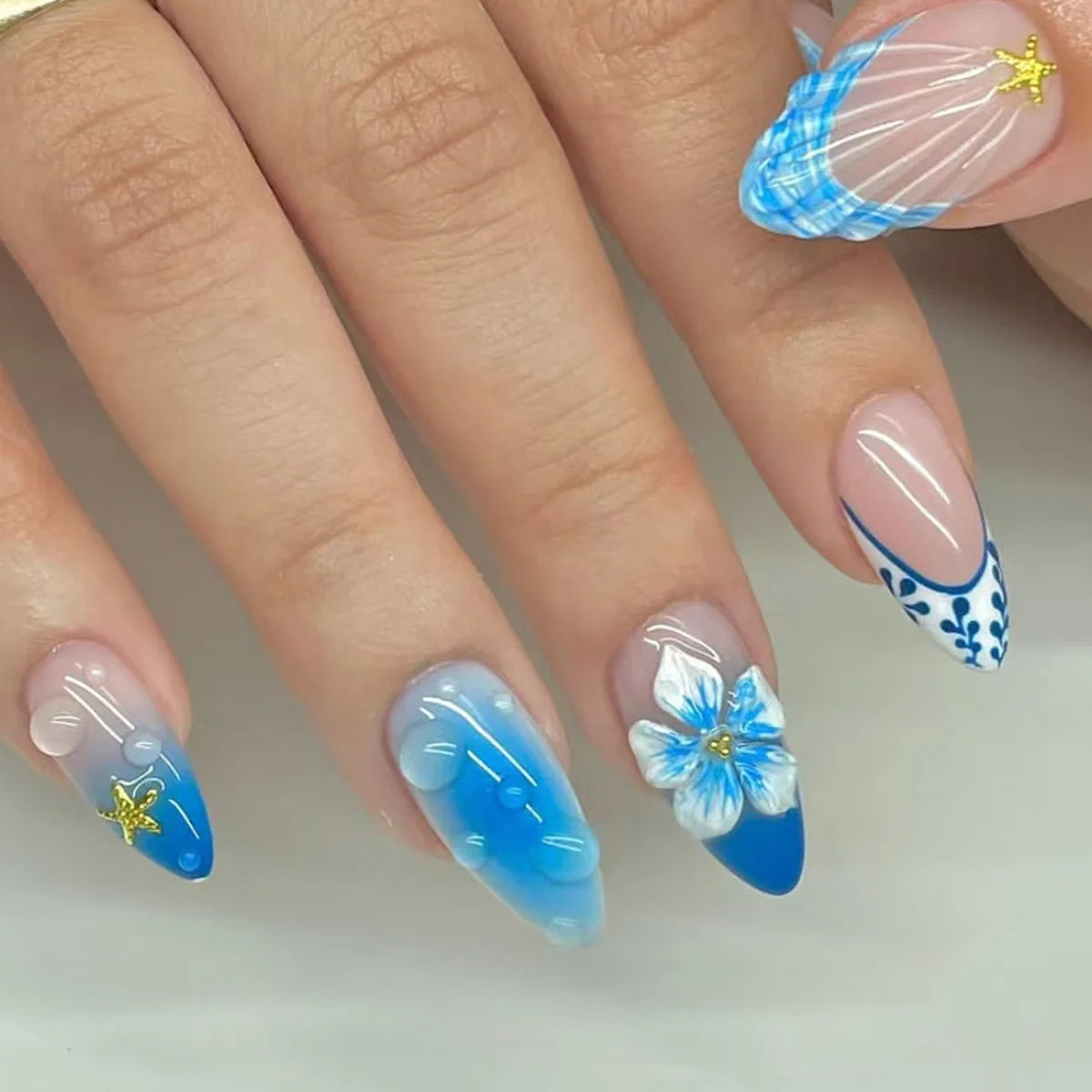 24pcs/set Medium fake nails for women girls 3D embossed flowers fruit shell rhinestones design Almond tips press on false nail