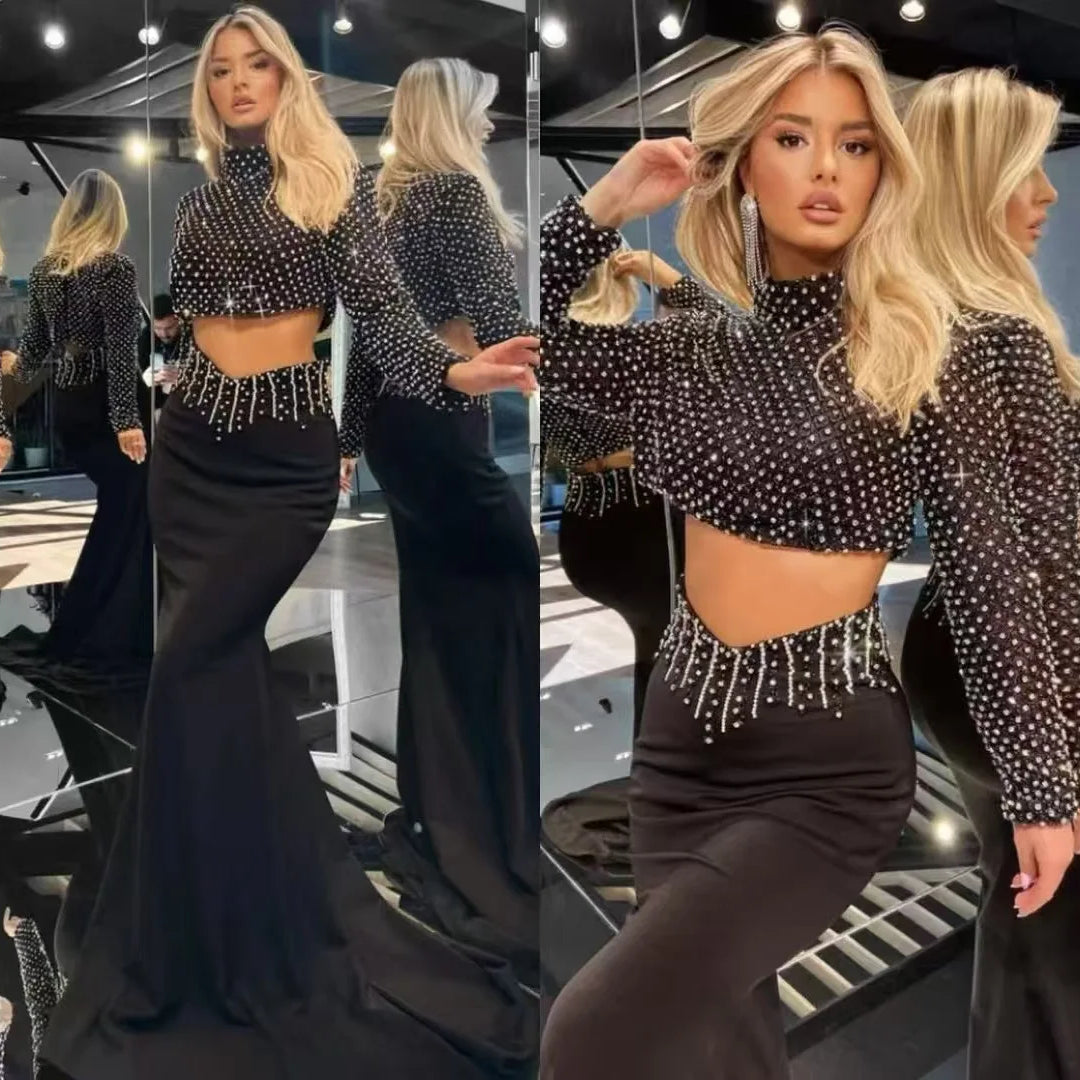 High Quality Women Long Sleeve Sexy Beading Tops 2 Pieces Bodycon Bandage Skirt Set Elegant Evening Party Celebrate Outfit
