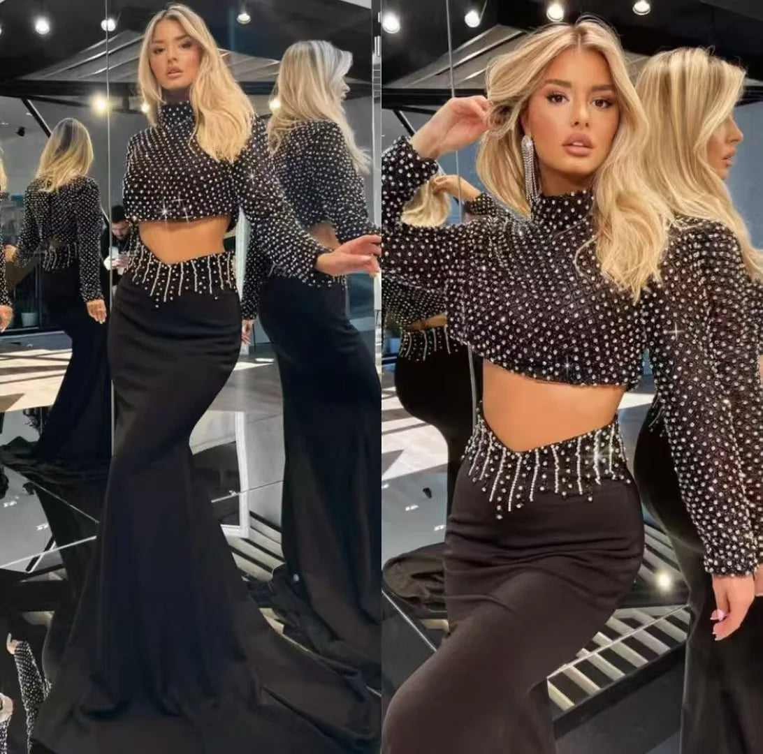 High Quality Women Long Sleeve Sexy Beading Tops 2 Pieces Bodycon Bandage Skirt Set Elegant Evening Party Celebrate Outfit