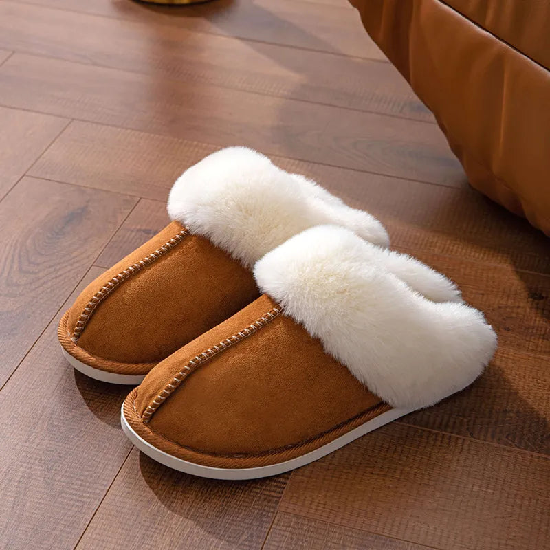 Winter Warm Flat Fur Slippers Women Faux Suede Fluffy Furry Home Slides Woman Comfort Non Slip Indoor Floor Cotton Shoes Brown