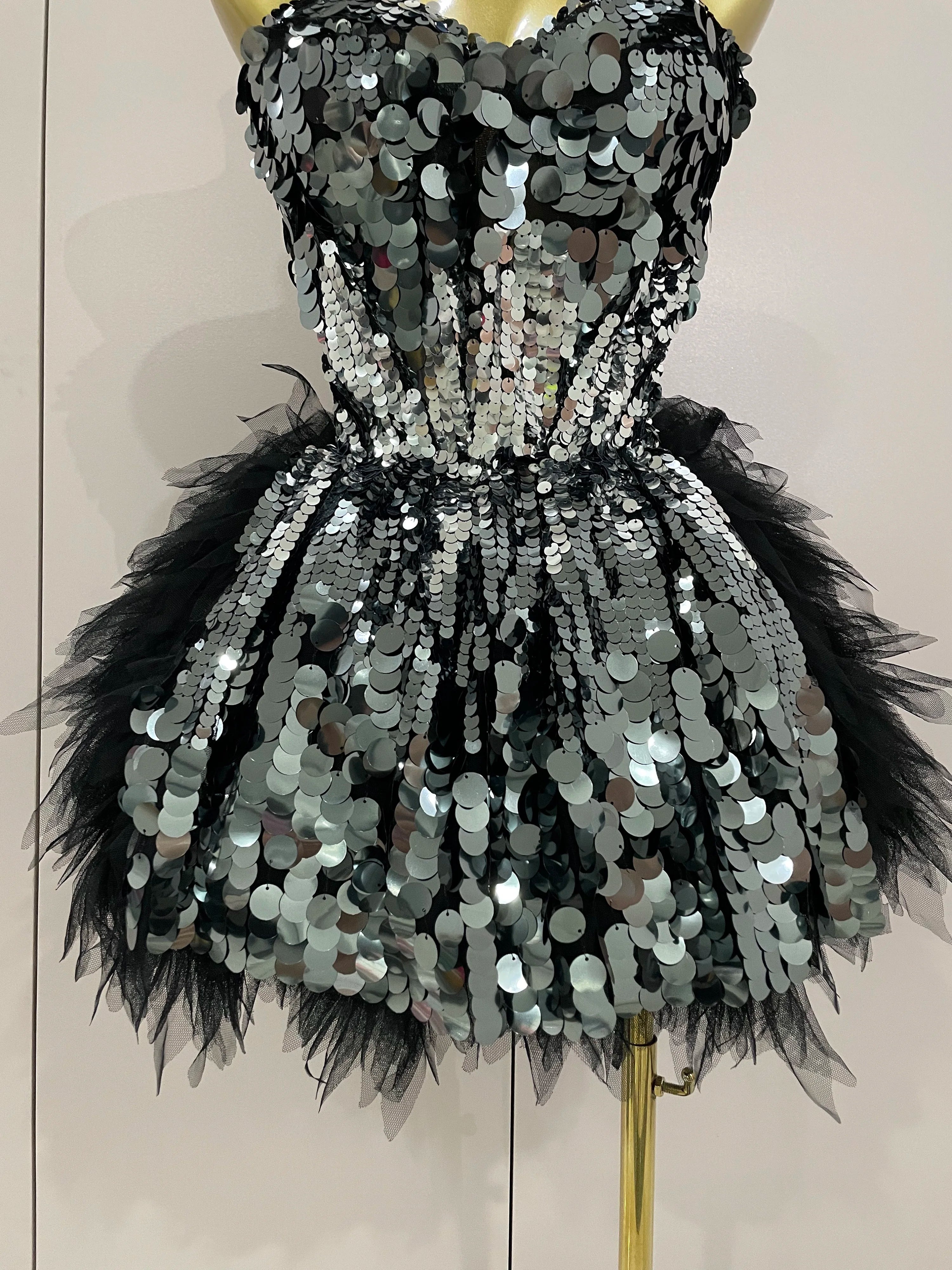 Sparkly Black Sequins Two Pieces Set 2025 Women Party Evening Prom Celebrate Birthday Dress Nightclub Photo Shoot Stage Costume