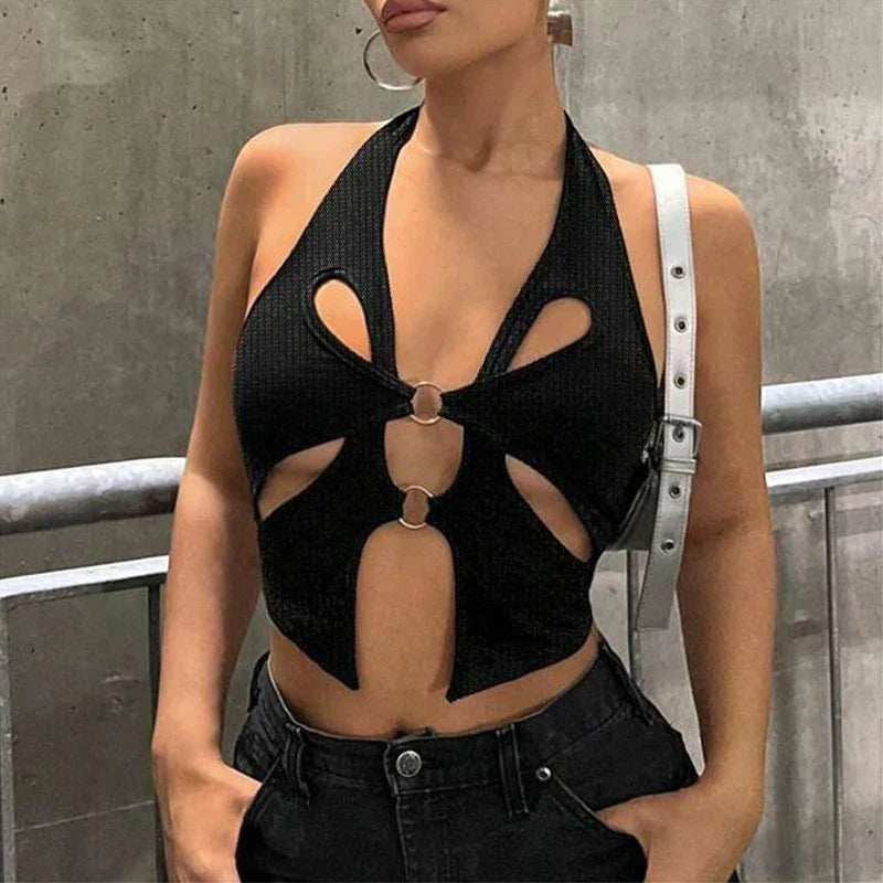 Sexy Black Halter Women's Y2k Crop Tops Sleeveless Hollowing Out Backless Fashion Female New Summer Grunge Slim Tank Tops