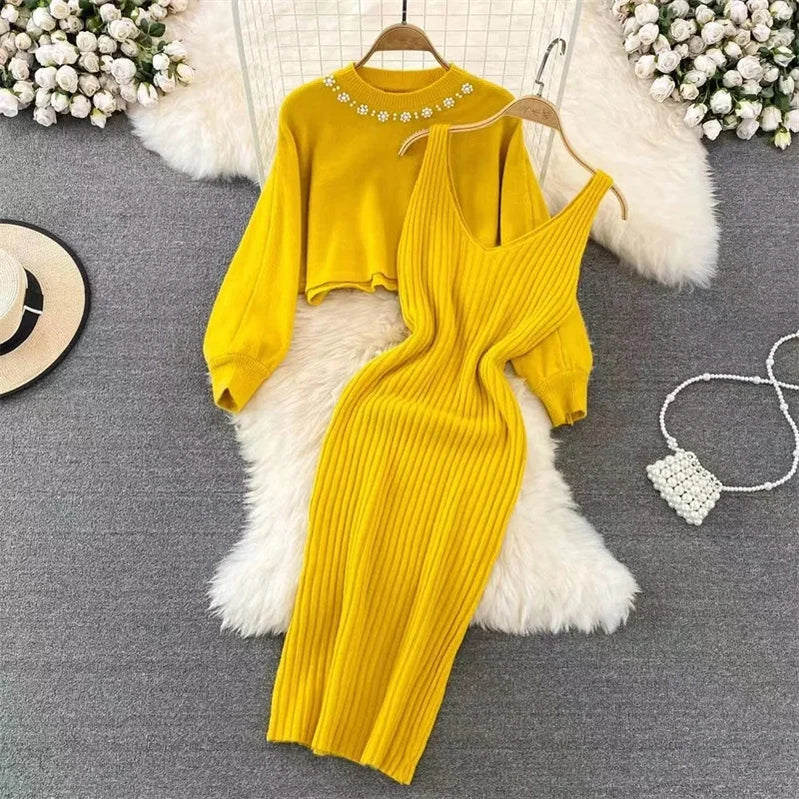 Korean Fashion Knitted Dress Sets Women Elegant Long Sleeve Pearl Sweater+Knitted Camis Dress Sets Sweater Casual Pullovers Suit