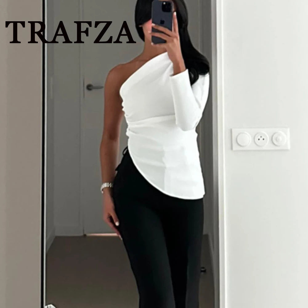 Autumn Vintage Women Solid Shirt Folds Asymmetrical One-Shoulder Shirt Skew Collar Shirt Women Elegant Mujer Tops