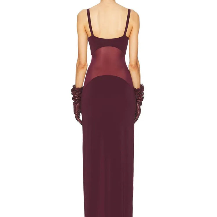 Luxury Women Celebrity Sexy Sleeveless Mesh Burgundy Maxi Long Gowns Dress 2025 Elegant Evening Party Club Vestido