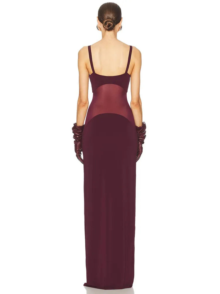 Luxury Women Celebrity Sexy Sleeveless Mesh Burgundy Maxi Long Gowns Dress 2025 Elegant Evening Party Club Vestido