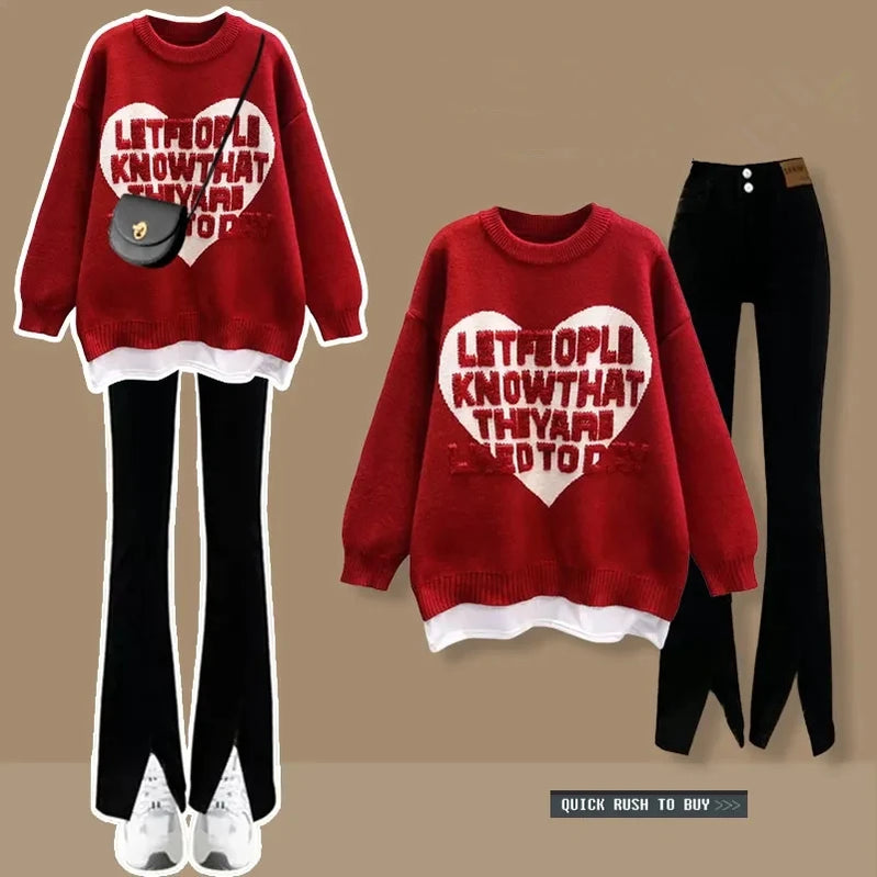 Autumn Winter Lucky Red Sweater Flare Pants 1 or Two Piece Set Korean 2023 New Lady Loose Knit Pullovers Black Trousers Outfits Set B