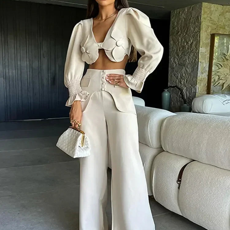 Sexy Flare Sleeve Blouse & Trouser Set Women Chic V Neck Backless Crop Top High Waist Wide Leg Pants Suit Spring Outfits White
