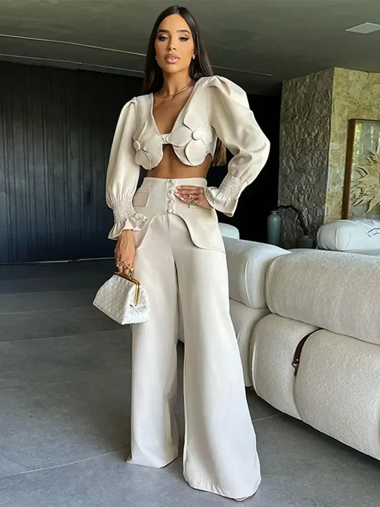 Sexy Flare Sleeve Blouse & Trouser Set Women Chic V Neck Backless Crop Top High Waist Wide Leg Pants Suit Spring Outfits White