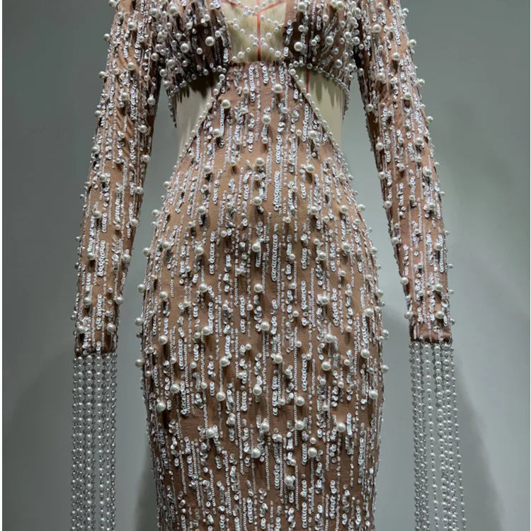 Elegant Evening Party Dress Women Long Sleeve Pearl Beading Bodycon Long Maxi Dress Birthday Party Cocktail Prom Dress