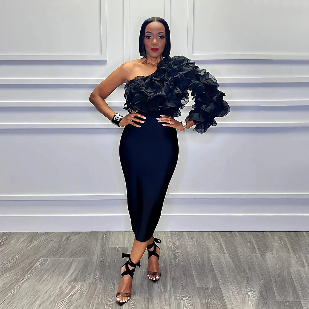 CM.YAYA Women Ruffles One Sleeve Skew Collar Tunic Blouse and Shirt Tops 2024 Summer Streetwear Night Club Party Beach Tops