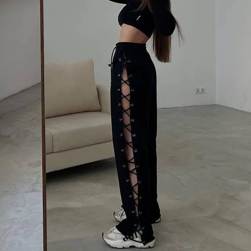 Side Slit Hollow Wide Leg Pants Spring/Summer Women's New Solid Color Wide Leg Pants Street Versatile Slim Fit Pants