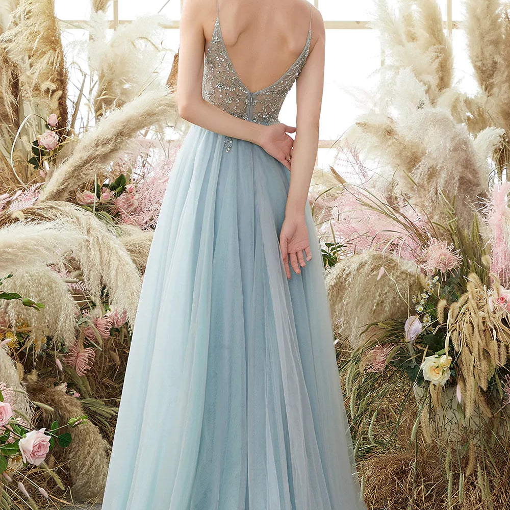 Sexy Prom Dresses with Slit Gorgeous Crystal Beads Backless V Neck Spaghetti Straps Formal Evening Gown