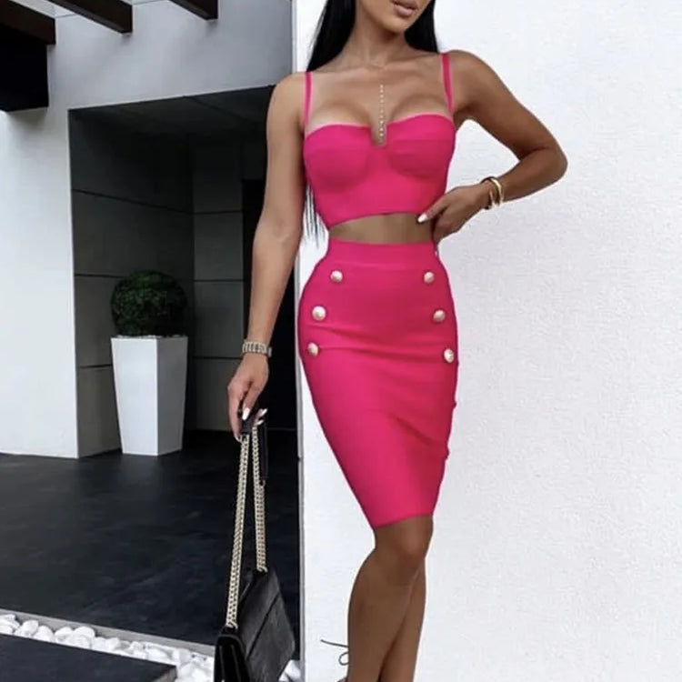 Women Summer Sexy Sleeveless V Neck Button Black Beige Hot Pink Mini Bodycon Bandage Set 2022 Elegant Evening Club Party Outfits