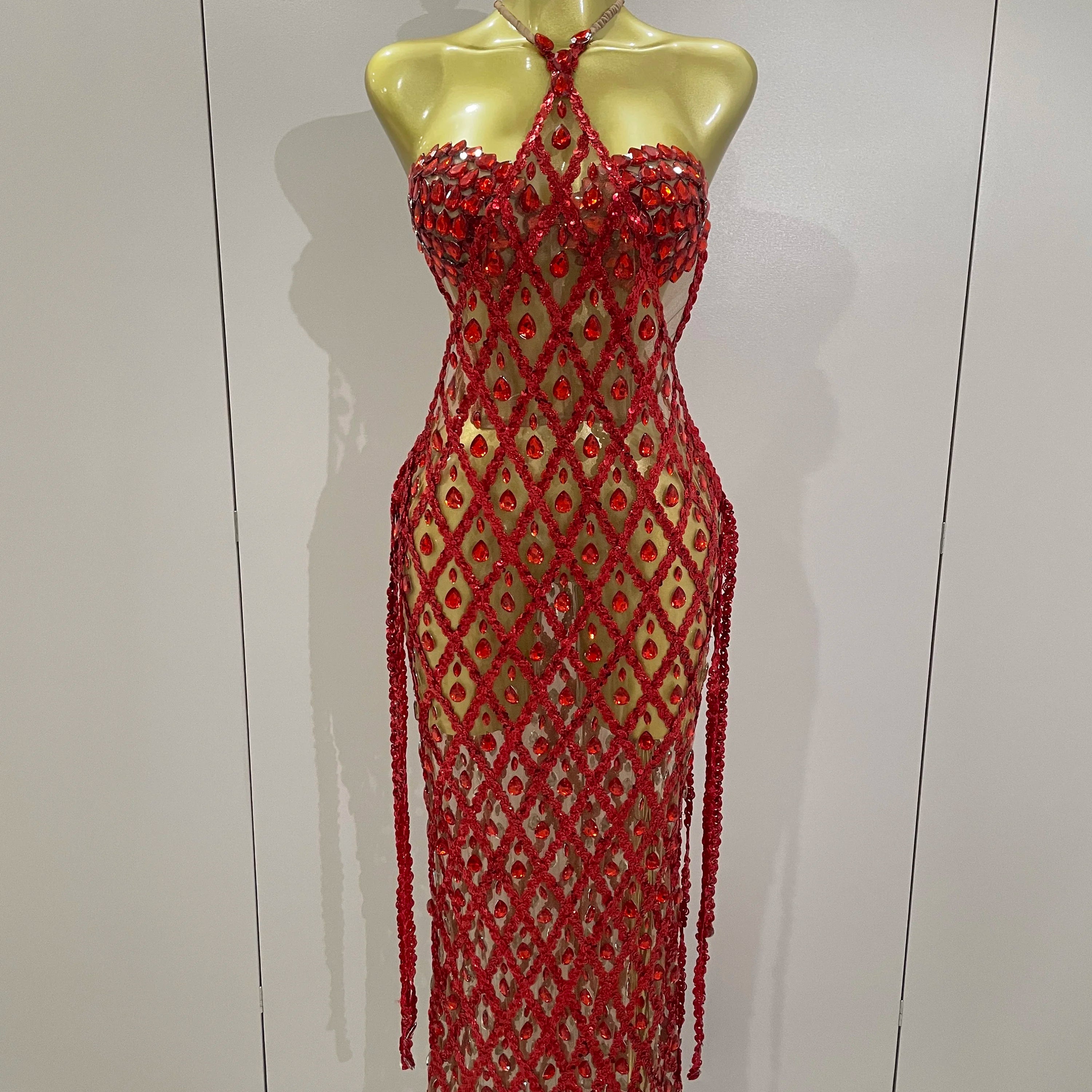 Stock Sexy Sparkly Gold Rhinestones Sleeveless Mesh Two Piece Long Dress 2025 Women Birthday Party Celebrate Prom Stage Costume