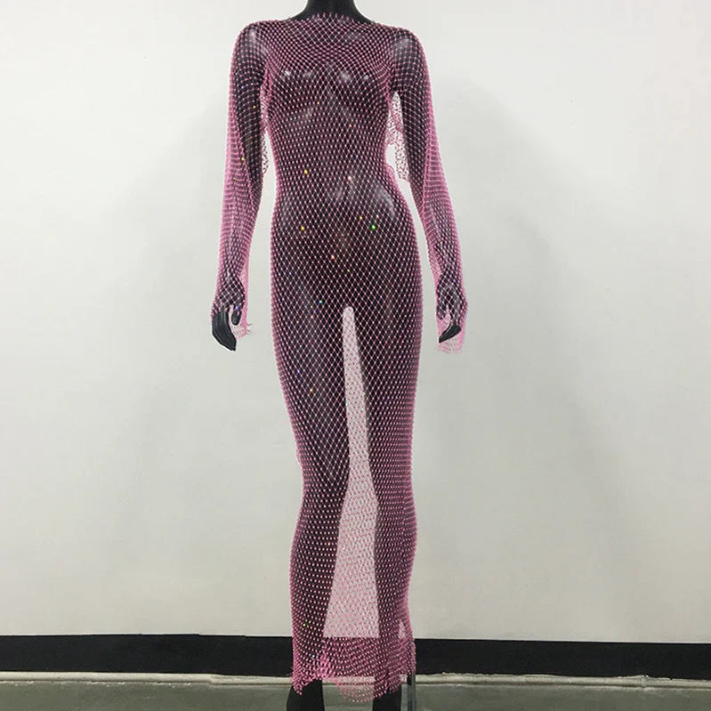Y2K Sexy Shiny Rhinestones Grid Fishnet Dress Long Sleeve Hollow Out Side Slit Dress Beach Cover Up Breathable Lady Vestidos Pink Normal One Size