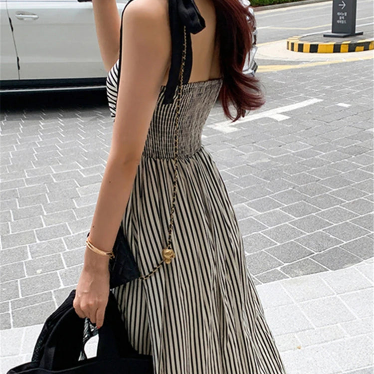 Chic Sleeveless Lace Up Striped High Waist Fashion Elegant Holiday Women's Spring Summer Long Dresses