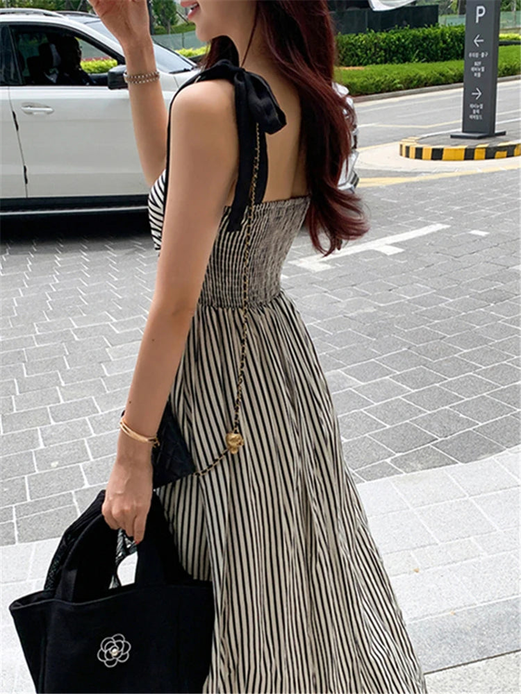 Chic Sleeveless Lace Up Striped High Waist Fashion Elegant Holiday Women's Spring Summer Long Dresses