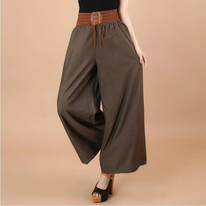 Casual Elastic High Waist Lace Up Belt Wide Leg Loose Women's Pants Korean Fashion Full-Length Pants For Women Spring Brown