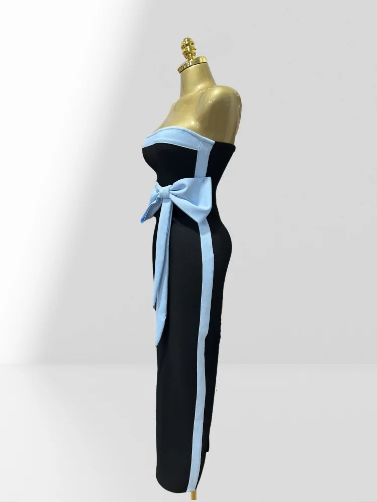 2025 Graceful Bow Sleeveless Strapless Sheath Black Bandage Ankle Lengh Dress  Woman Party Vestido Celebrity Cocktail Outfit
