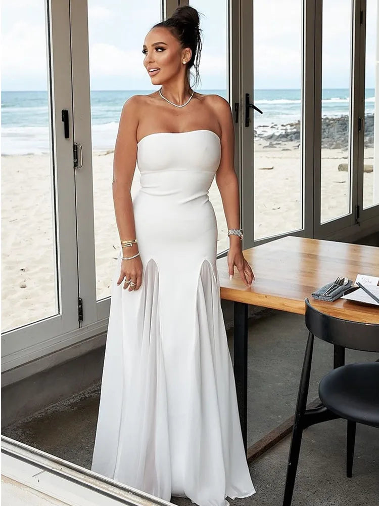 Women Celebrity Sexy Strapless Backless Mesh Maxi Long Bodycon Bandage Dress 2025 Elegant Evening Club Party Outfit