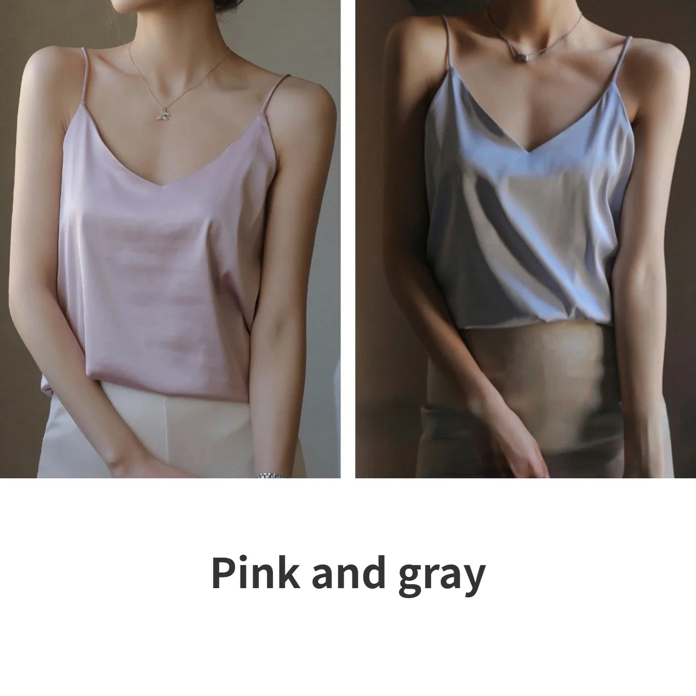 Grey Camisoles for Women Acetate SATIN Loose Summer Spaghetti Strap Tank Top Solid V-neck Fashion Sexy Backless Tanks & Camis Pink and gray