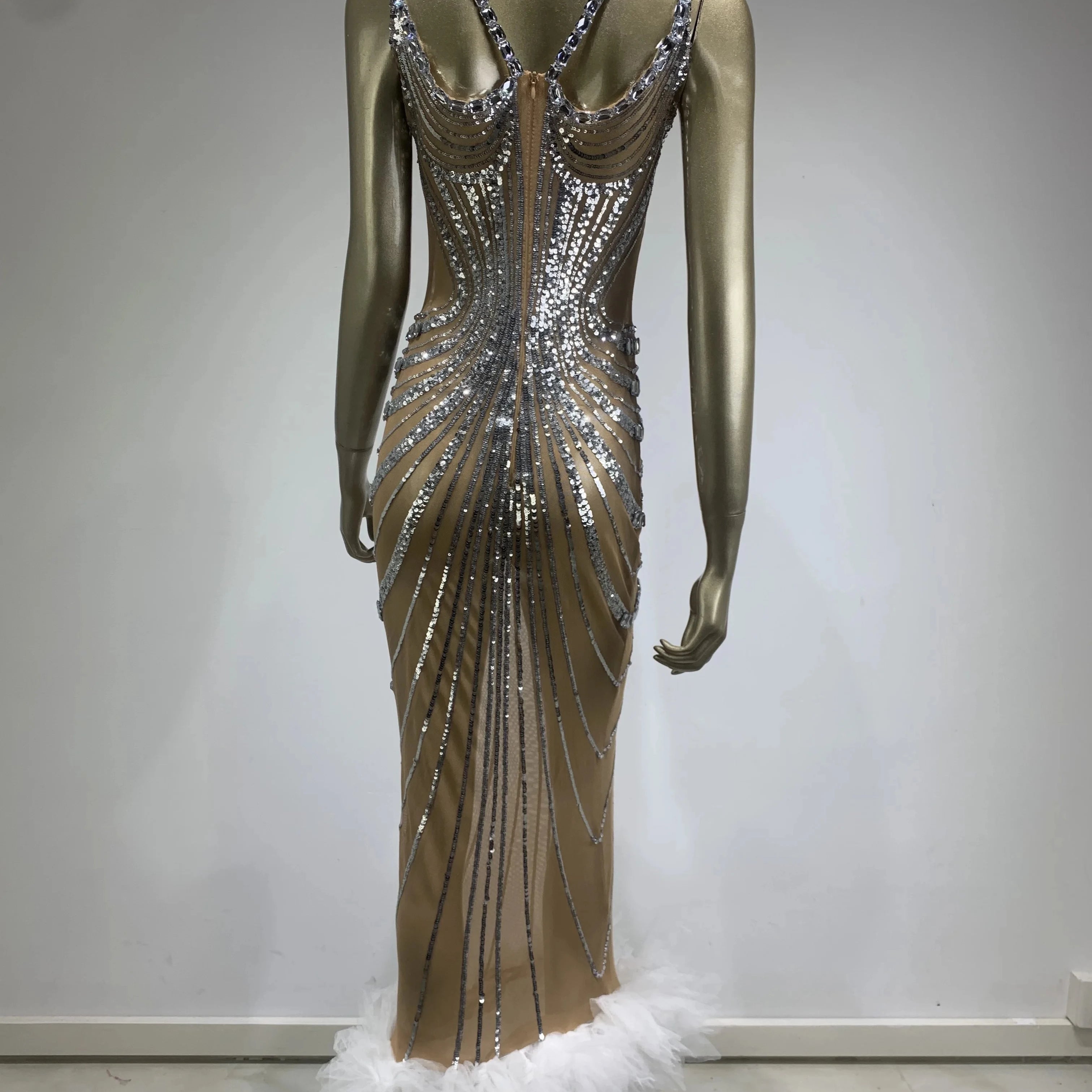 Stock Women Luxury Sexy Mesh Sequins Crystal Diamonds Feather Dress Birthday Party Costume Bar Nightclub Stage Performance Dress