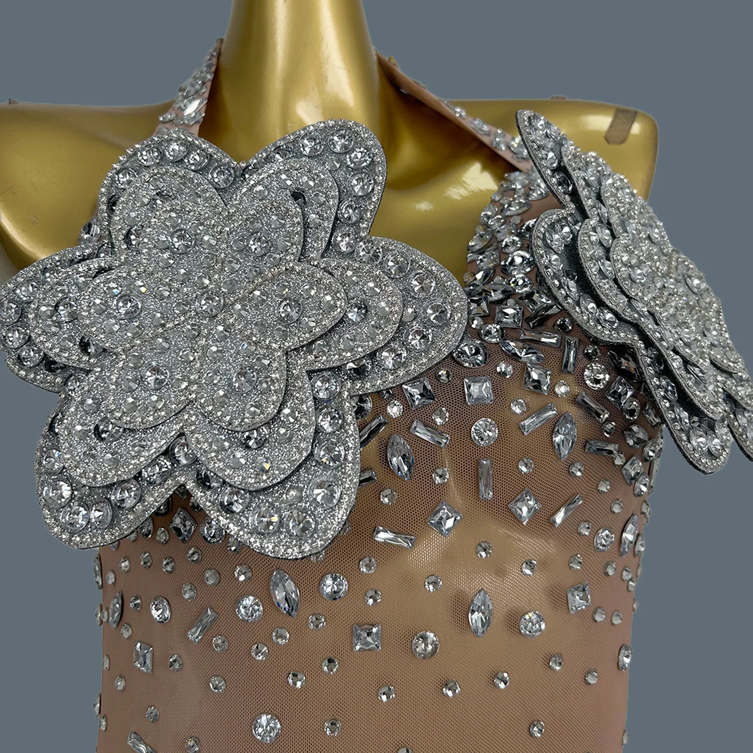 3D Flower See Through Mesh Evening Dress Sexy Women High end Couture Sparkly Rhinestone Party Long Dress Event Outfit Tiehua