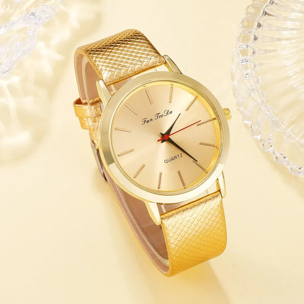5PCS Set Womens Fashion Quartz Watches For Women Leather Watch Ladies Casual Dress Gold Dial Wrist Watch Clock Montre Femme
