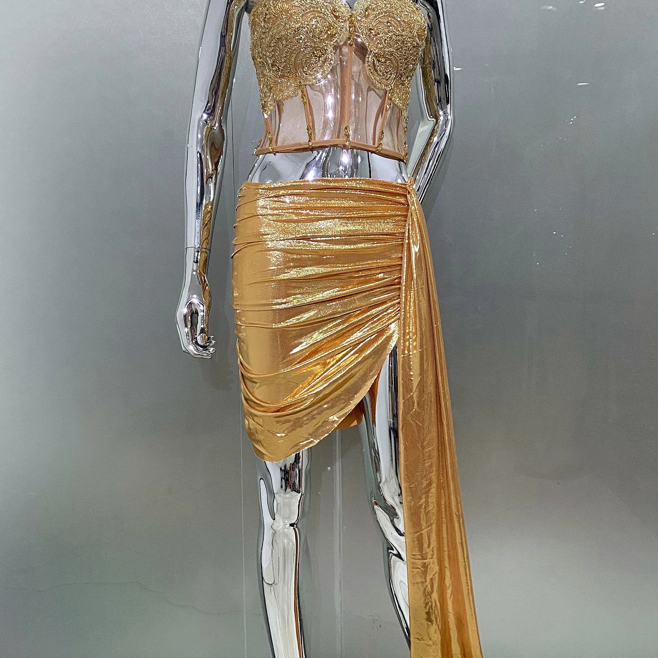 Golden Sparkling Diamonds Sexy See Through STrapless Top And Mini Skirt 2 Pieces Woman Set Party Vestido Performances Costume