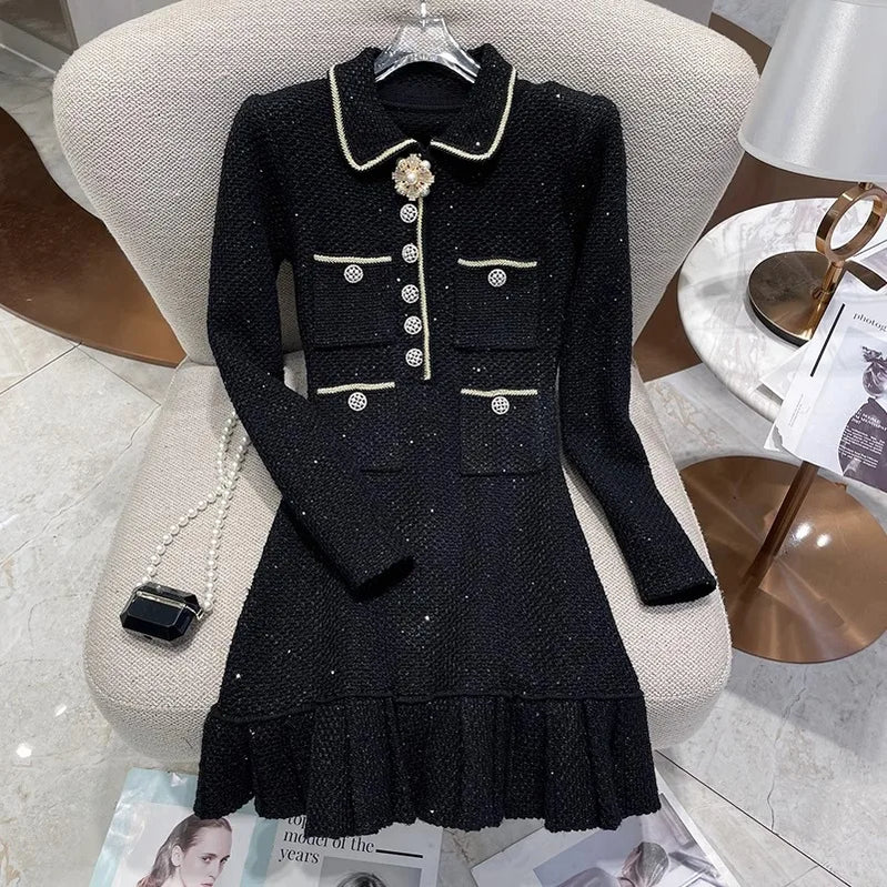 Elegant luxury Small Fragrance Knitted Dress Women Sequin Pearl Buttons Trendy Waist Up Slim Mini Dresses Spring Autumn New black