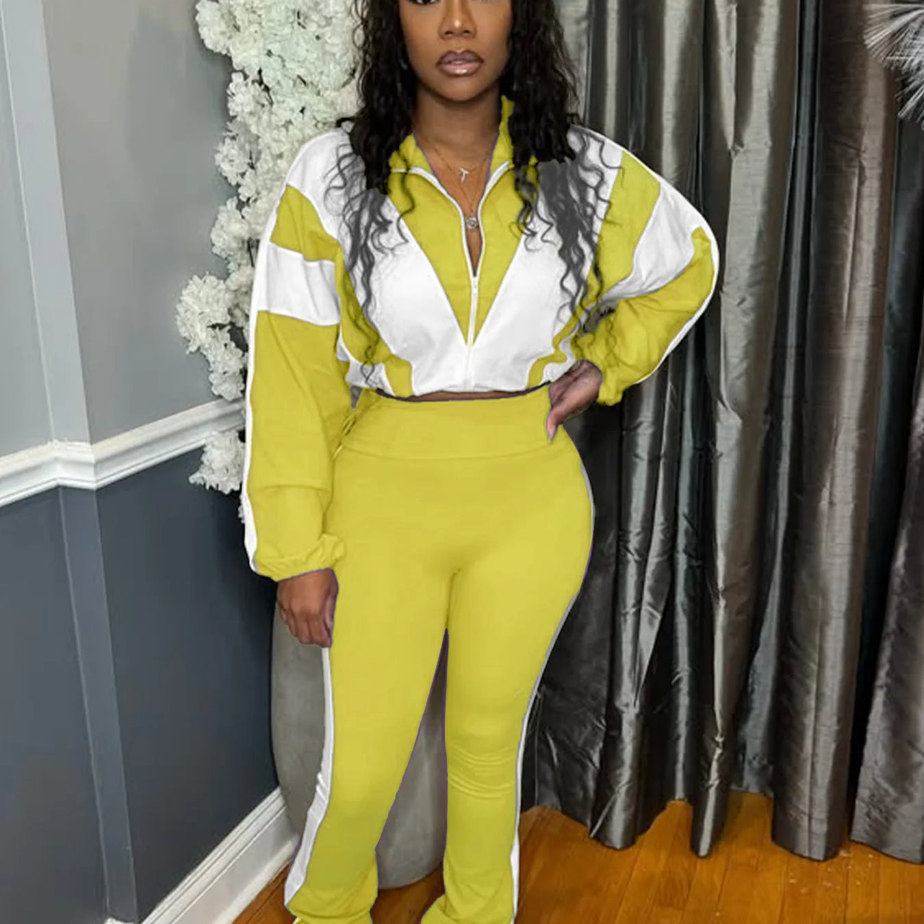 CM.YAYA Active Patchwork Women's Set Zipper Sweatshirt Jacket and Long Pants Suit 2025 Sporty Two 2 Piece Sets Outfit Tracksuit