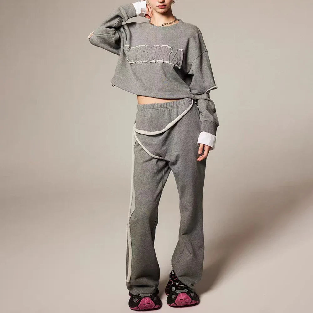 Conjunto casual de duas peças com blocos de cores para mulheres, gola redonda, manga comprida, blusa de cintura alta e calça, conjunto chique, roupa da moda feminina