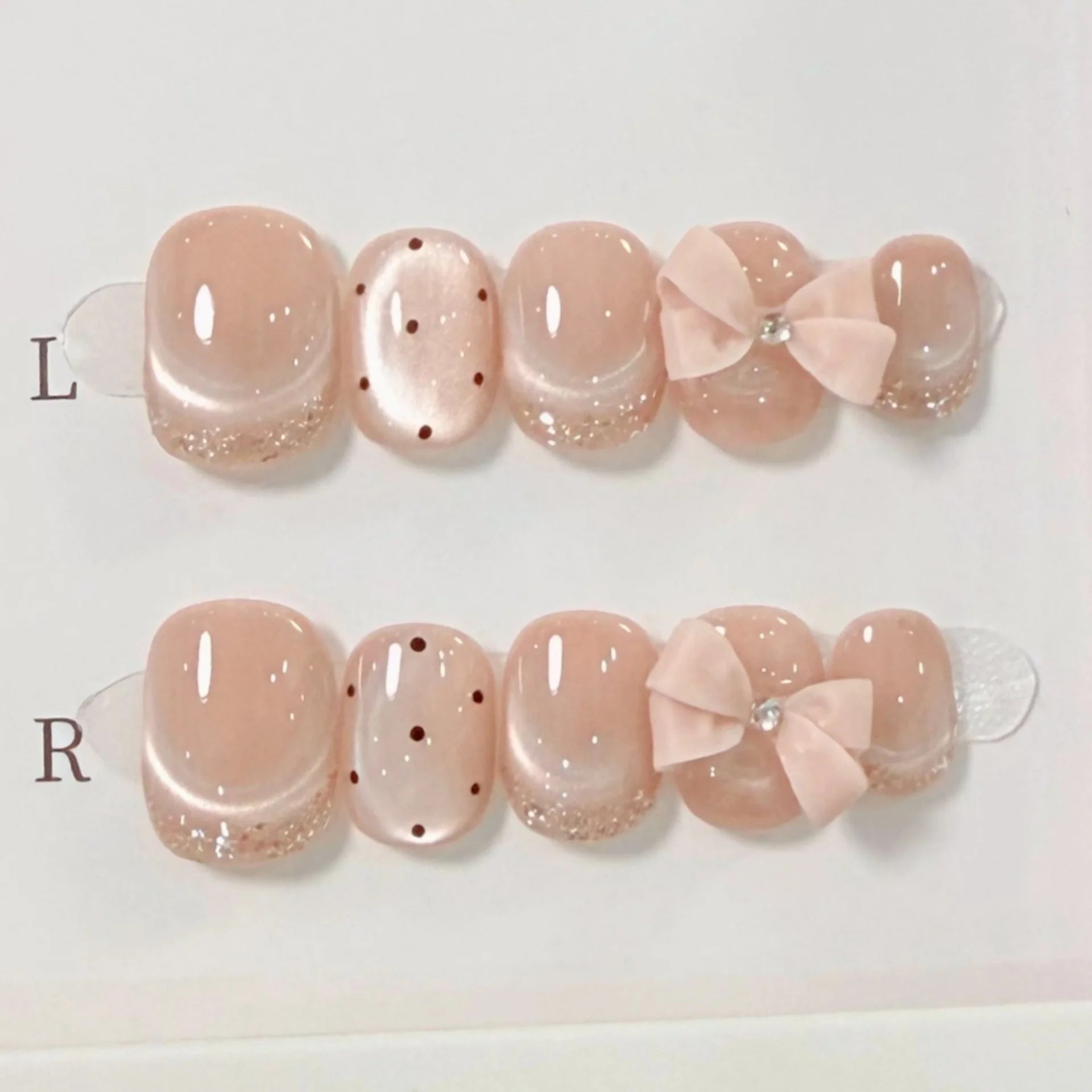 10pcs Cat's Eye Handmade Fake Nail Tips with Bow Flower Brown Short Square Round False Nails Art Wearable Pearl Press on Nails