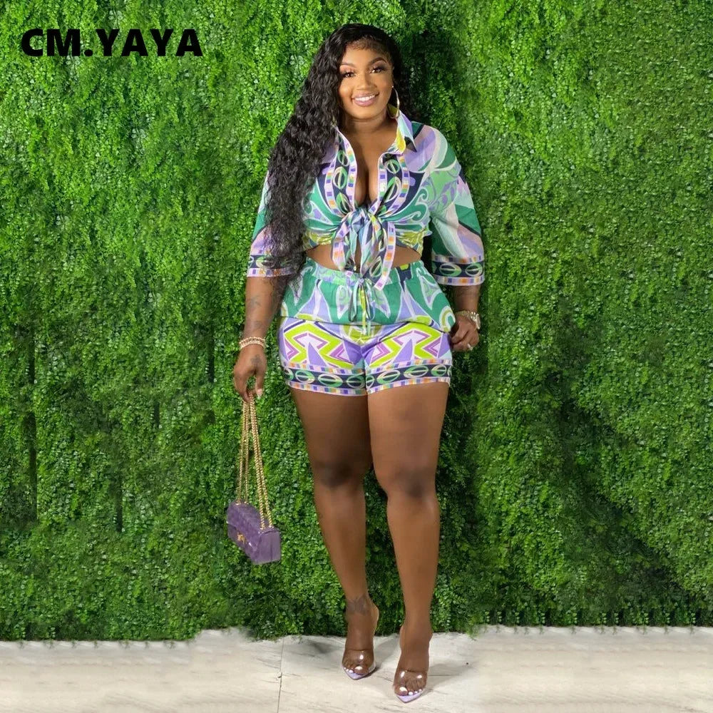 CMYAYA 3D Paisley Women Shorts Suit and Half Sleeve Shirt Top Street Blouses Tracksuit INS Two 2 Piece Set 2022 Summer Outfits