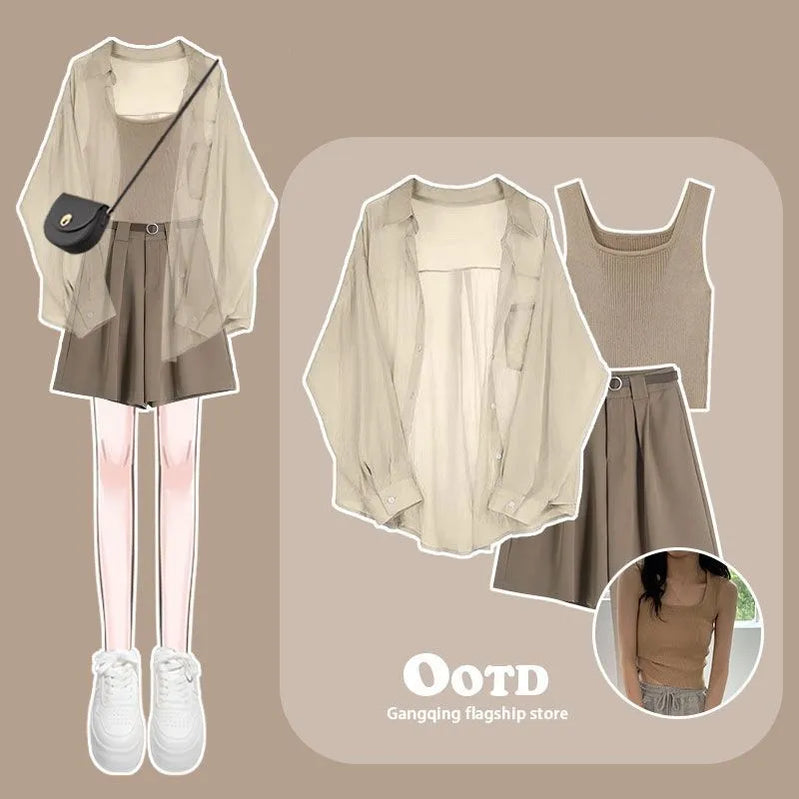 Women's Tracksuit Suit Summer Casual Sunscreen Shirt Top Vest Shorts Three Piece Korean Chic Blouse Pants Matching Set Set 09