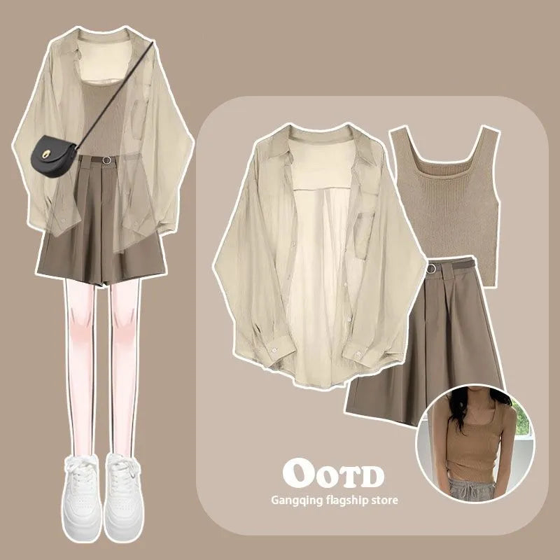 Women's Tracksuit Suit Summer Casual Sunscreen Shirt Top Vest Shorts Three Piece Korean Chic Blouse Pants Matching Set Set 09