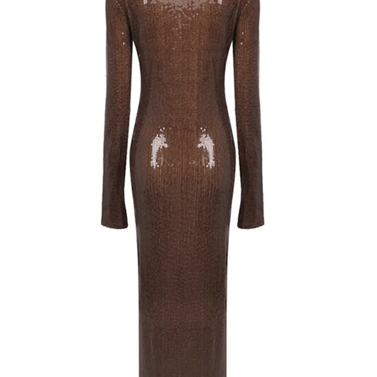 est Women Celebrity Sexy Long Sleeve Brown Mesh Sequins Long Gowns Dress Elegant Evening Party Club Dress Vestido