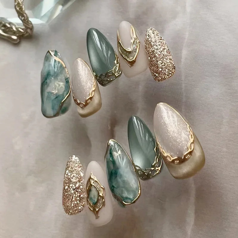 24Pcs Cat's Eye French Almond Press on Nails Tips with Star Moon Design False Nail Mid-length Oval Reusable Full Cover Fake Nail