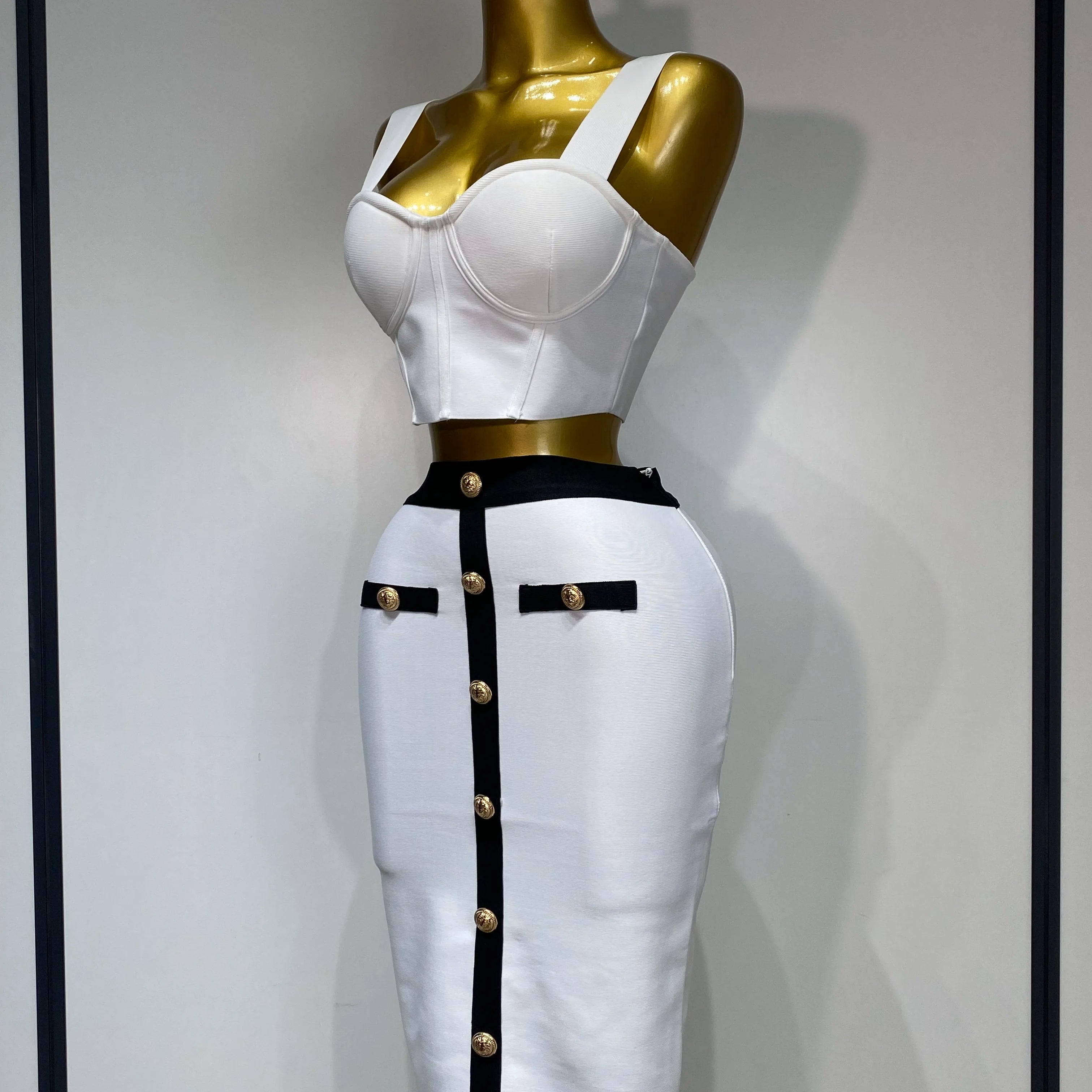 Women Button Patchwork White Black Bodycon Bandage Two Piece Set 2025 New Arrival Designer High Waist Party Club Skirt Set