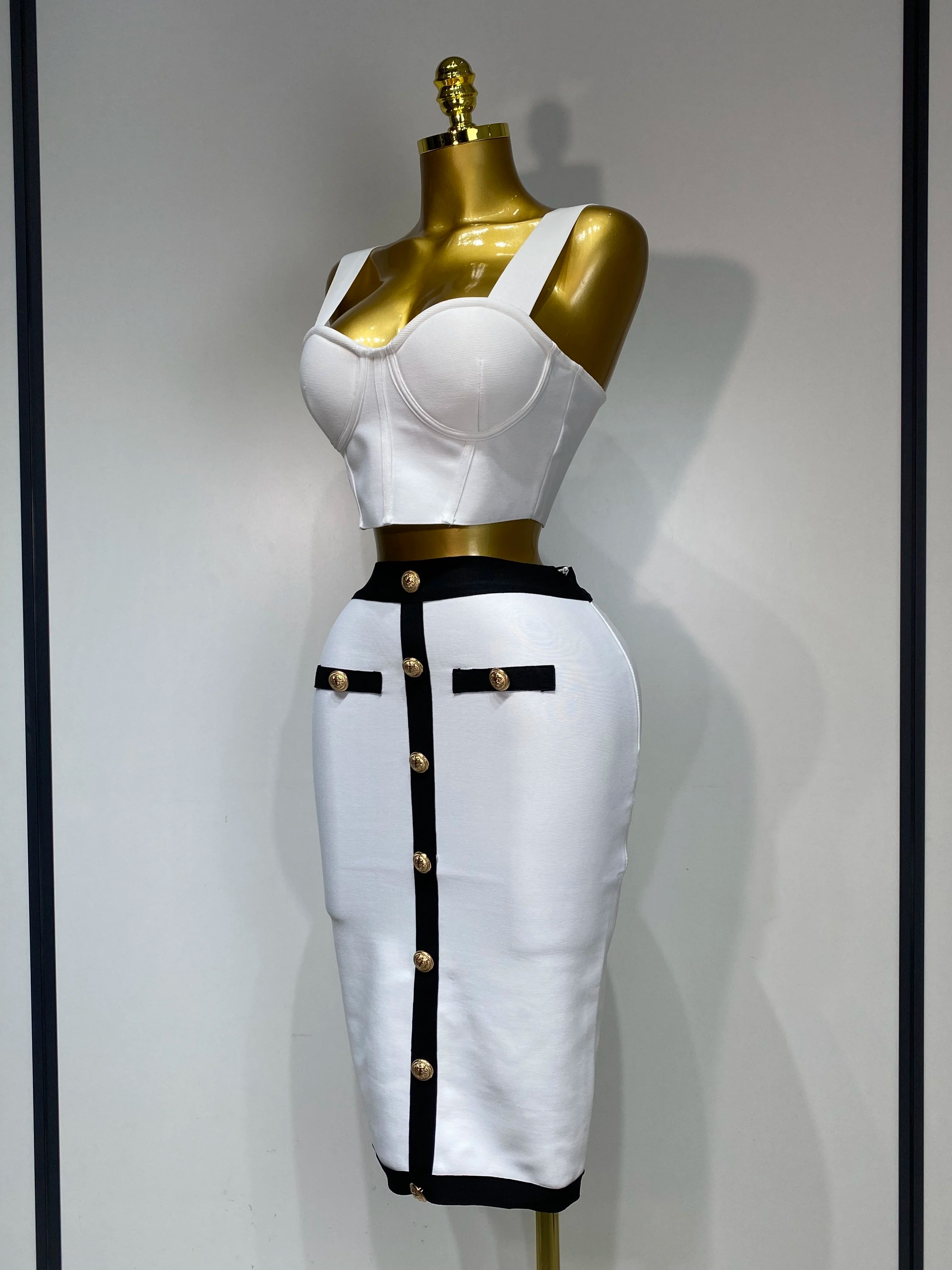 Women Button Patchwork White Black Bodycon Bandage Two Piece Set 2025 New Arrival Designer High Waist Party Club Skirt Set