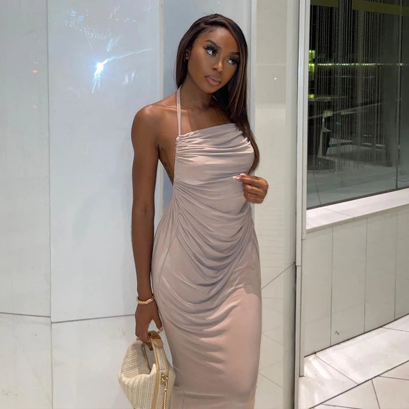 Winter suspender neck back lace up belly pocket loose medium length dress