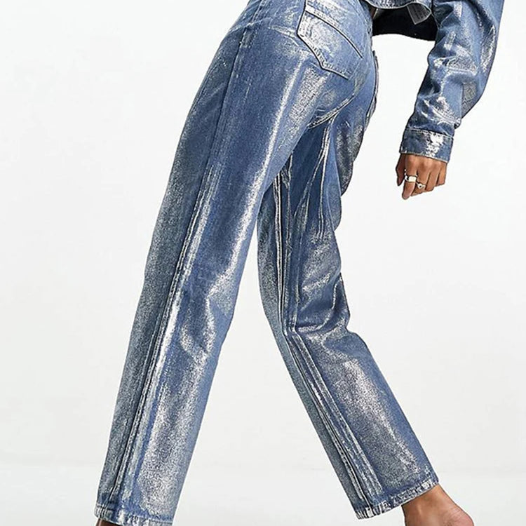 Metallic High Waist Straight Jeans Women Autumn New Printing Loose Wide Leg Denim Pants Streetwear Harajuku Vintage